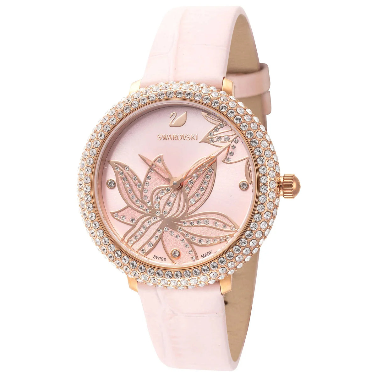 Swarovski watch 5575217 angled view showing pink leather strap and crystal bezel detail