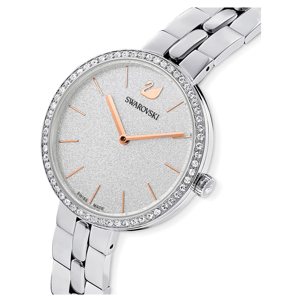 Swarovski Cosmopolitan watch three-quarter view showing dial with rose gold indices and crystal bezel