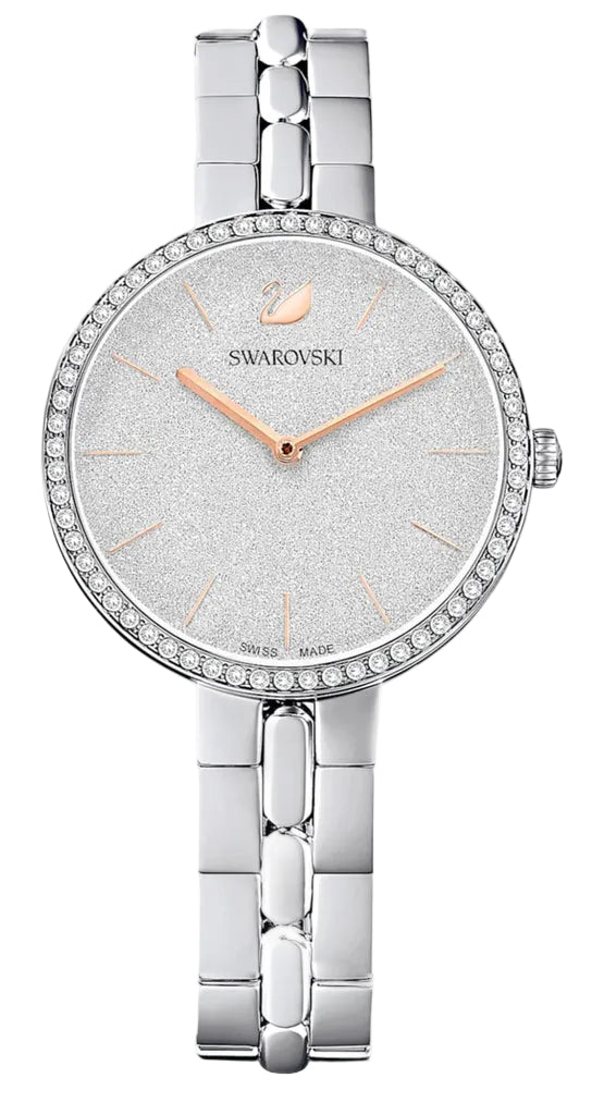 Swarovski Cosmopolitan women's watch with silver dial, crystal bezel, and stainless steel bracelet, front view