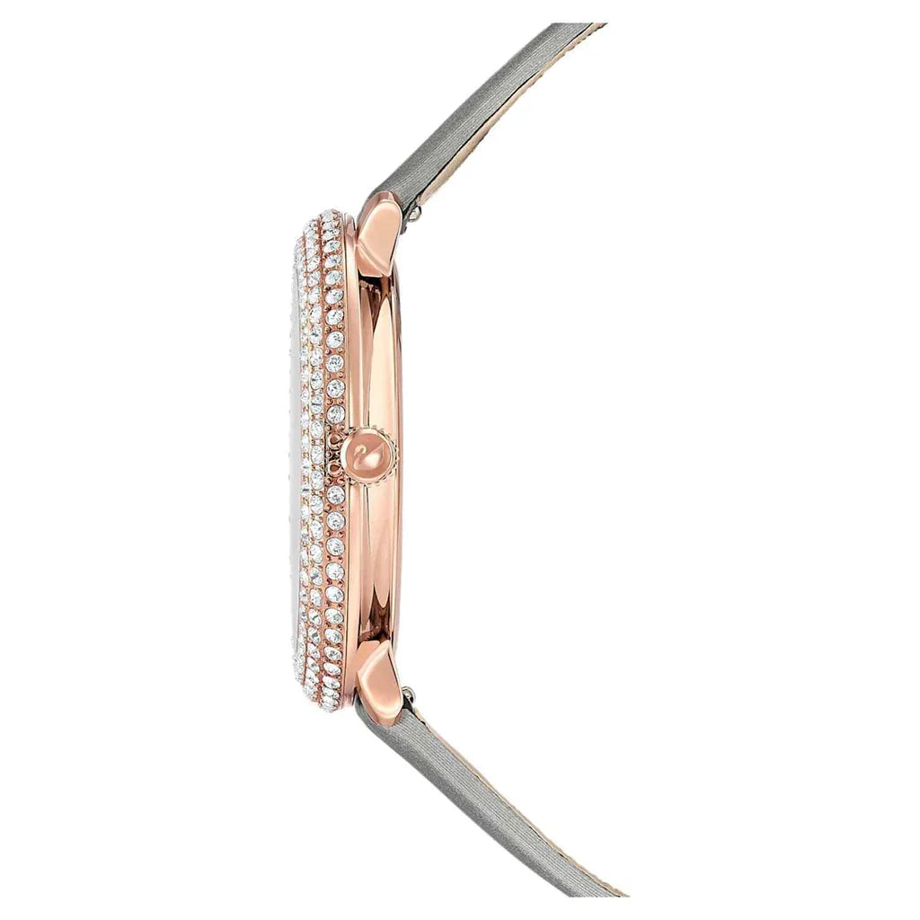 Side profile of Swarovski Crystal Frost women's watch displaying two-tone case and strap