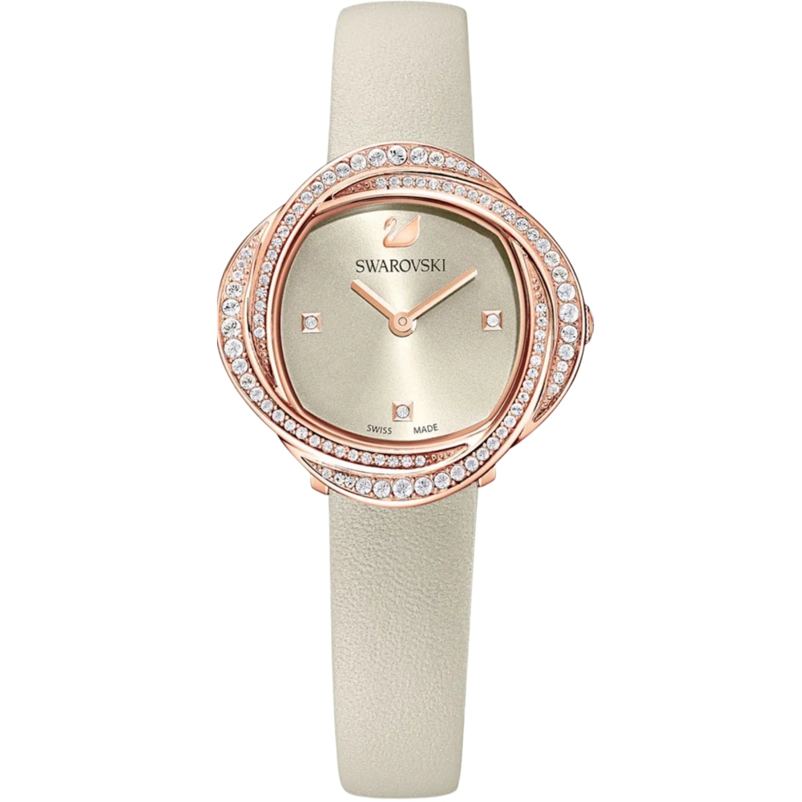 Swarovski Crystalline Aura women's watch with ivory dial and rose gold pavΓ© bezel on cream strap