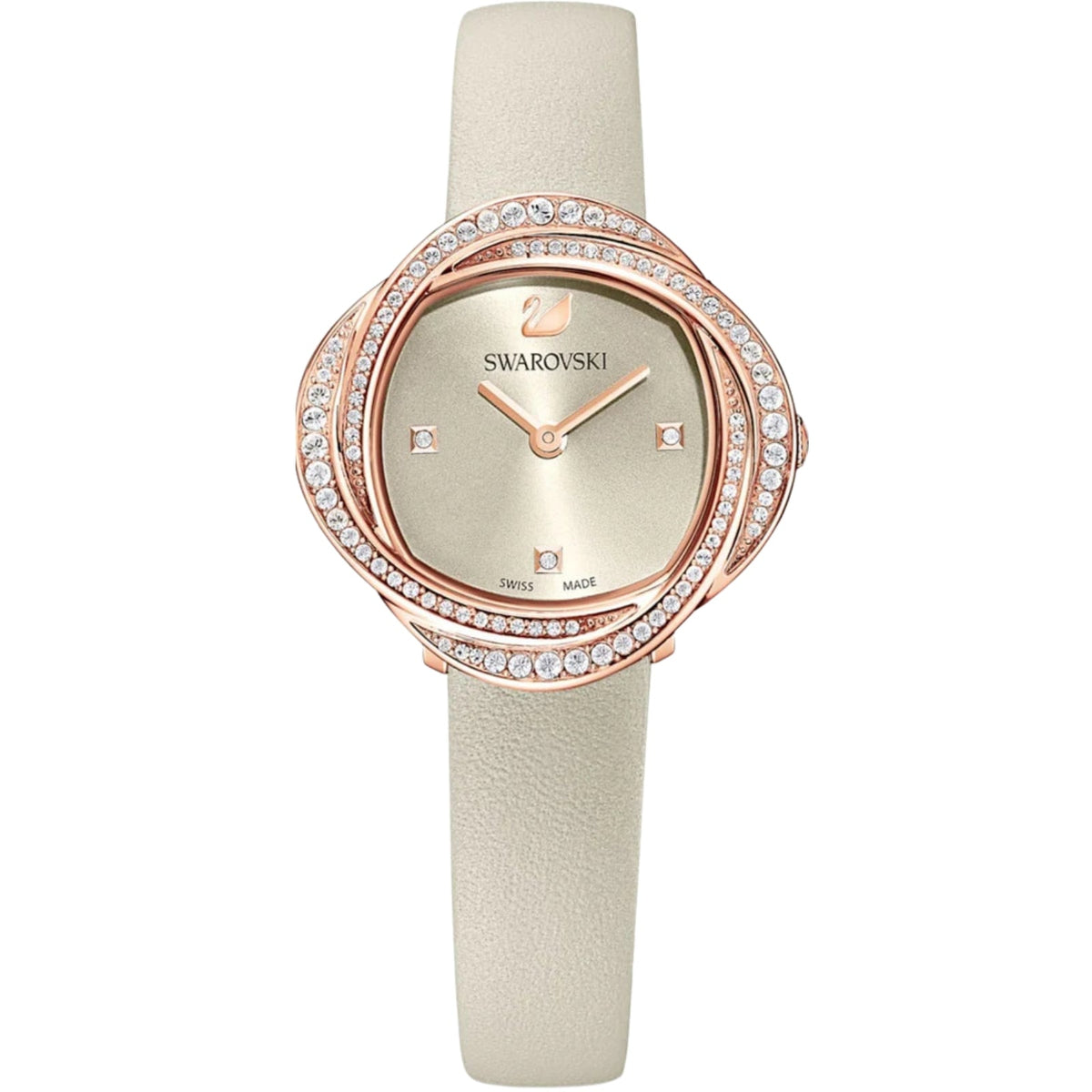 Swarovski Crystalline Aura women's watch with ivory dial and rose gold pavΓ© bezel on cream strap
