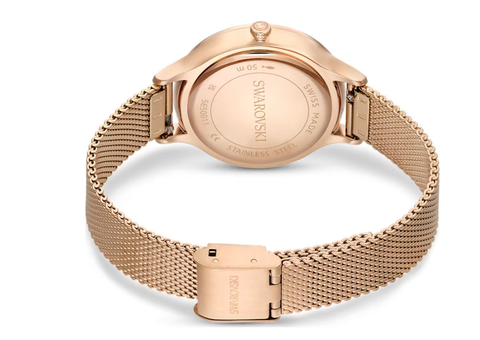 Caseback of Swarovski Dextera watch with engraved Swarovski logo and rose gold tone finish