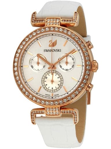 Swarovski Era Journey chronograph watch at angle showing three subdials on silver dial and white leather strap