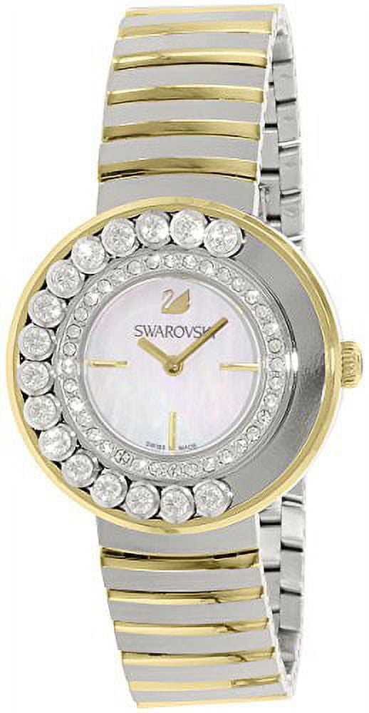 Swarovski Lovely Crystals watch side view displaying two-tone metal bracelet
