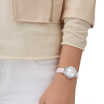 Swarovski Lovely Crystals Mini watch worn on wrist with pink strap