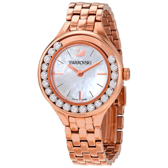 Rose gold case and link bracelet of Swarovski Lovely Crystals Mini watch with crystal bezel
