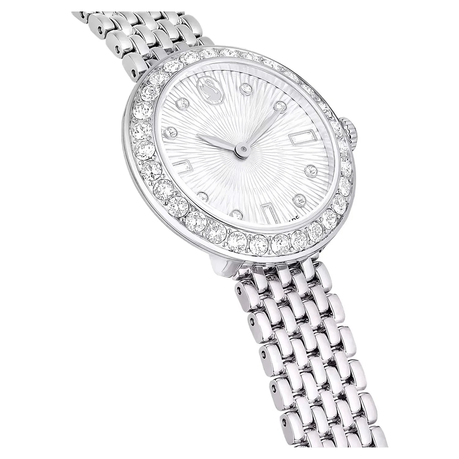 Swarovski Octea Chrono watch angled view with silver dial and crystal bezel detail
