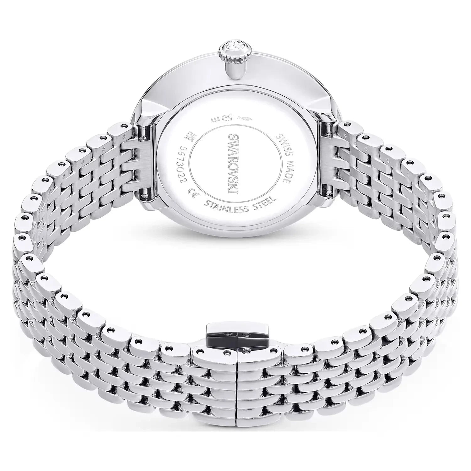 Swarovski Octea Chrono caseback showing stainless steel construction and engraving