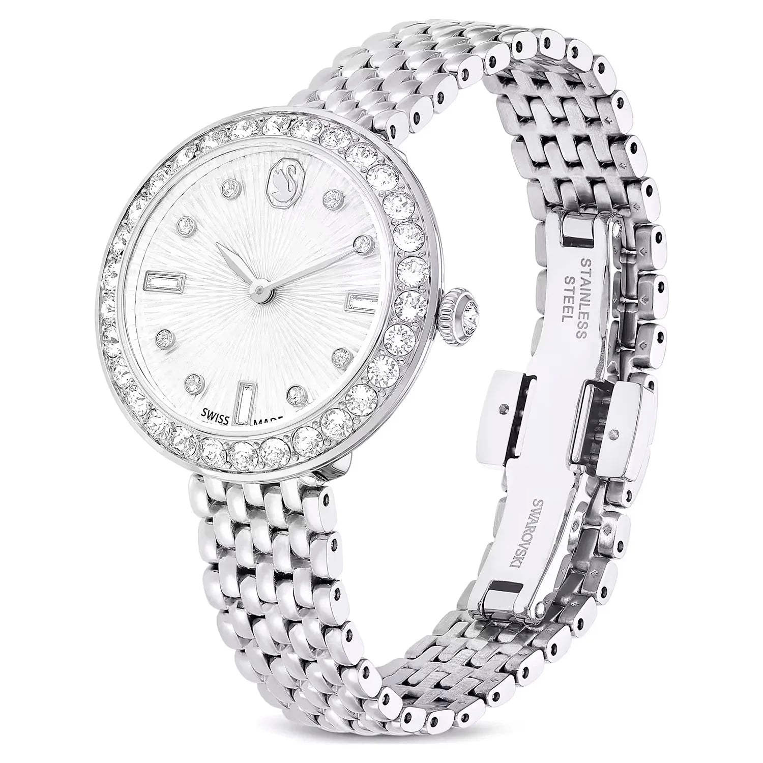 Swarovski Octea Chrono watch front and side view with crystal bezel and steel bracelet