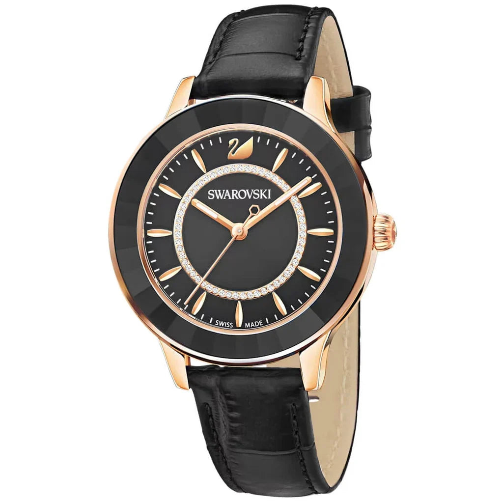 Swarovski Octea Lux watch angled view showing rose-gold case and black leather strap