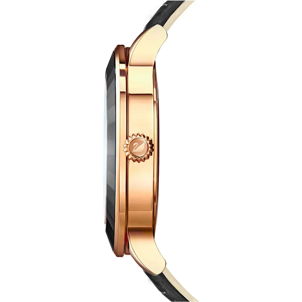 Swarovski Octea Lux watch side view showing rose-gold case profile and crown