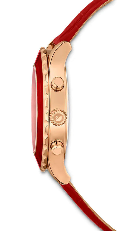 Swarovski Octea Lux Chrono Faceted Crystal Bezel Red Dial Rose Gold Tone Women's Watch 5646975