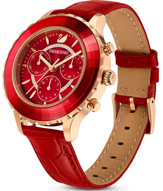 Swarovski Octea Lux Chrono Faceted Crystal Bezel Red Dial Rose Gold Tone Women's Watch 5646975