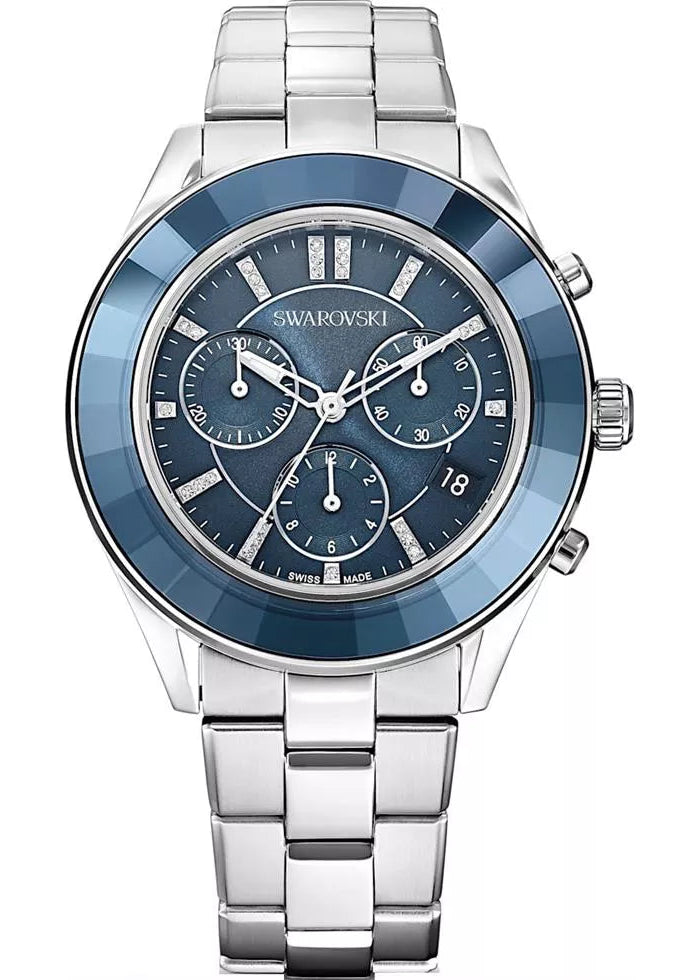 Swarovski Octea Lux Sport Faceted Crystal Bezel Blue Dial Silver Steel Unisex Watch 5610481