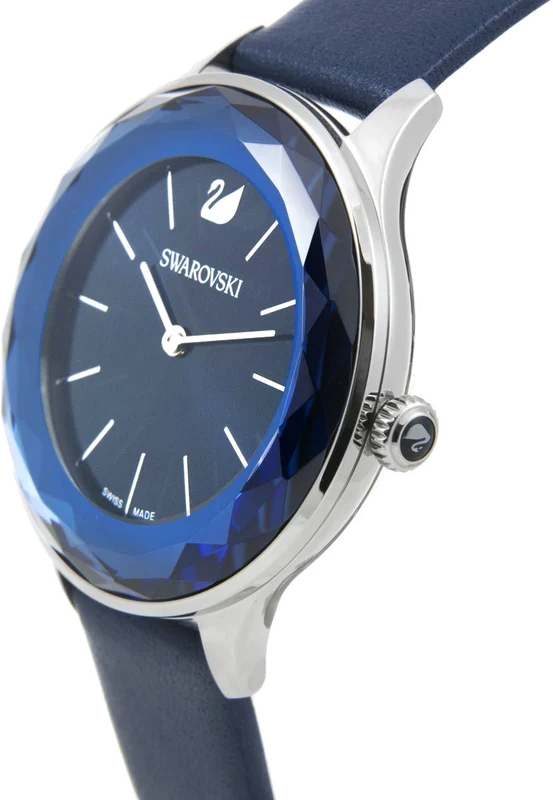 Blue dial Swarovski watch with three-dimensional faceted bezel and navy leather strap