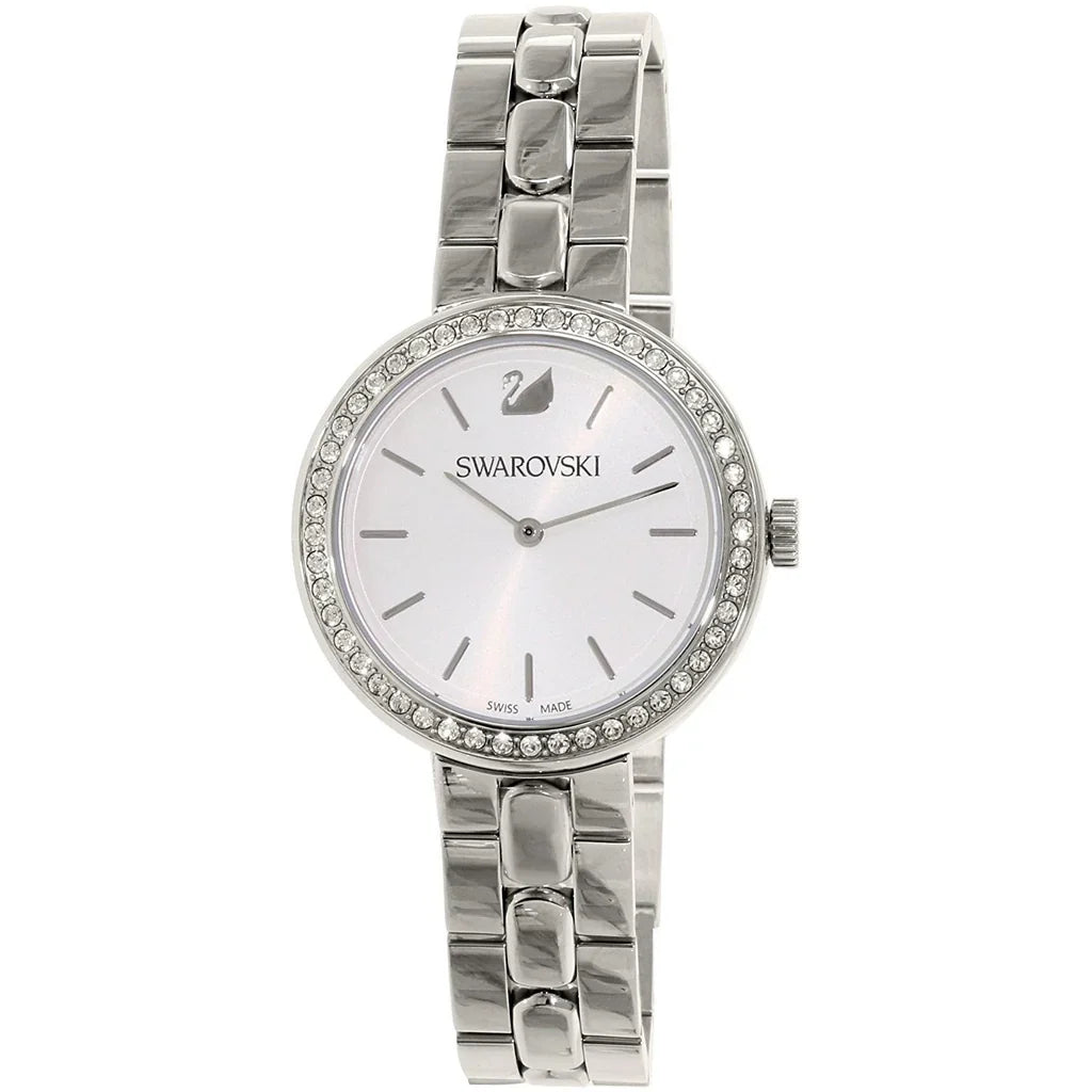 Swarovski Octea Sport women's watch at angle showing crystal bezel and steel bracelet