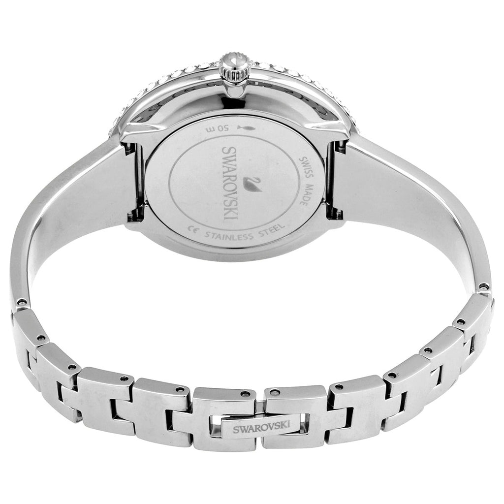 Caseback view of Swarovski Crystal Sparkling watch showing stainless steel bracelet
