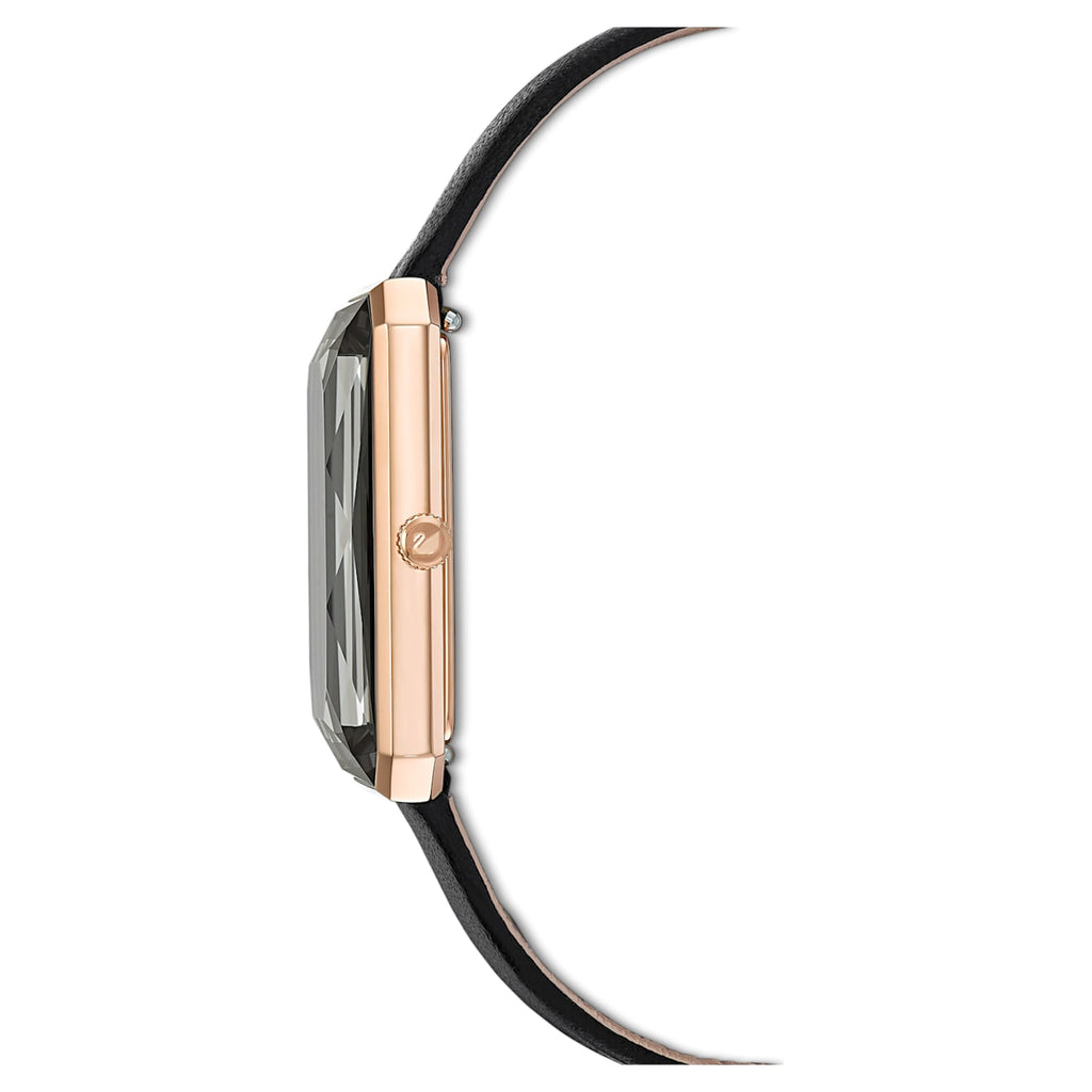 Swarovski Uptown watch side profile with rose-gold-tone case and black leather strap