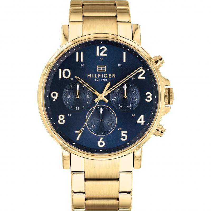 Tommy Hilfiger gold chronograph watch with navy dial and arabic numerals