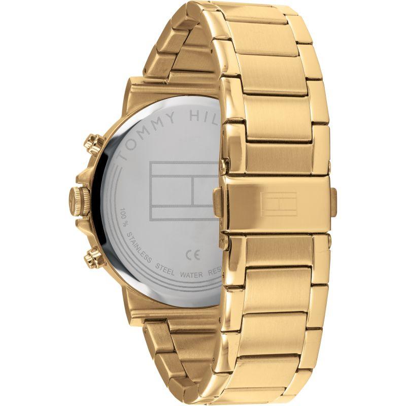 Gold steel watch bracelet and side profile of chronograph watch case