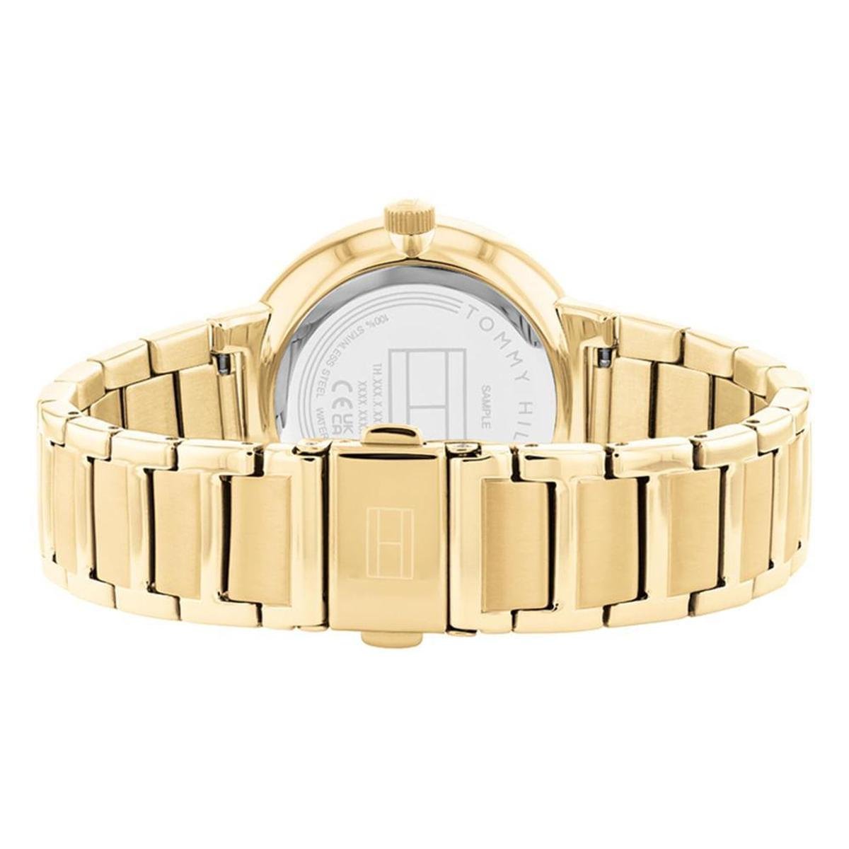 Tommy Hilfiger watch case back showing gold stainless steel bracelet