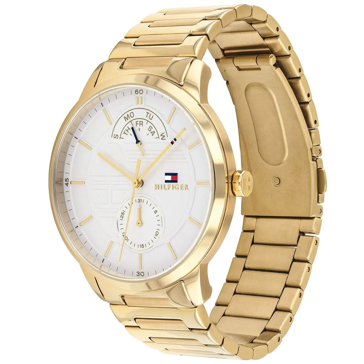 Tommy Hilfiger Hunter watch three-quarter view showing gold-tone stainless steel case and link bracelet