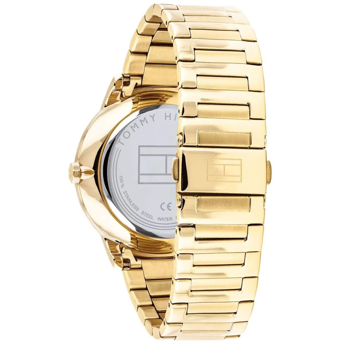 Rear view of Tommy Hilfiger Hunter watch showing case back and stainless steel link bracelet