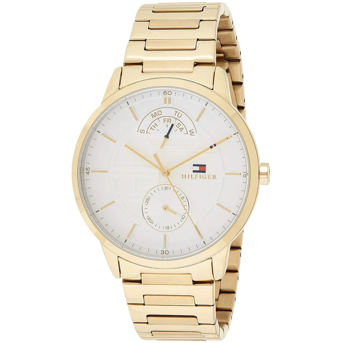 Side view of Tommy Hilfiger Hunter watch with white dial and multifunction subdials