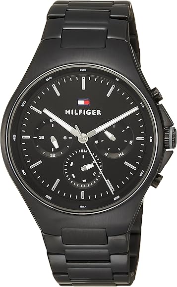 Tommy Hilfiger Justin chronograph watch front view with black dial and subdials