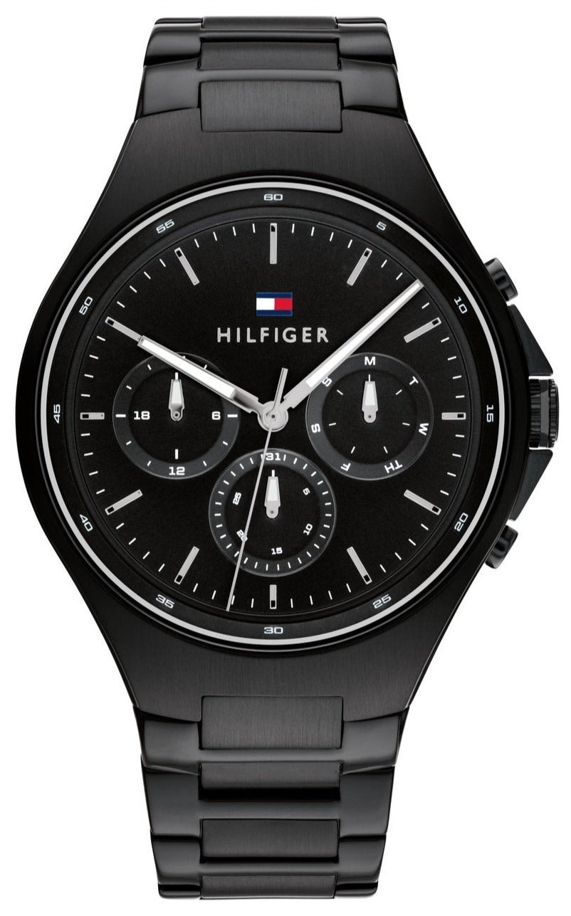 Tommy Hilfiger Justin black chronograph watch with black dial and steel bracelet
