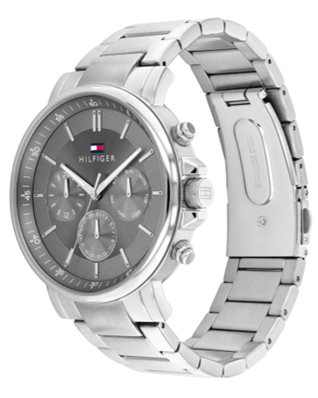 Side angle view of Tommy Hilfiger Tyson chronograph watch with stainless steel bracelet