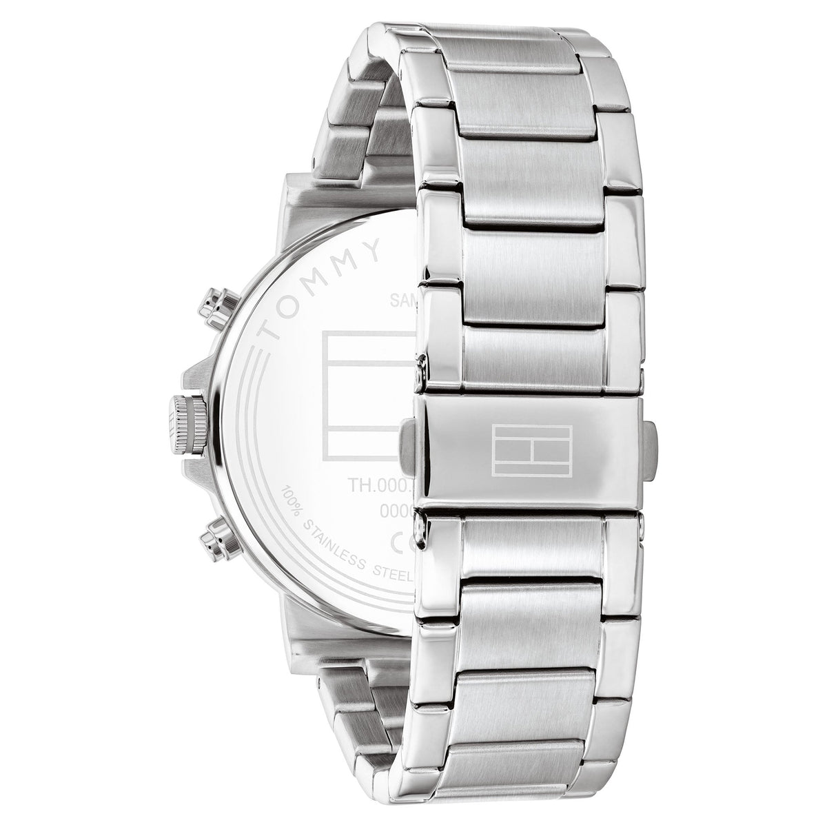 Side profile view of Tommy Hilfiger Tyson watch with stainless steel bracelet and case