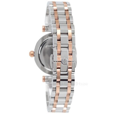 Angled view of Tory Burch Classic T two-tone watch with rose gold and silver stainless steel design