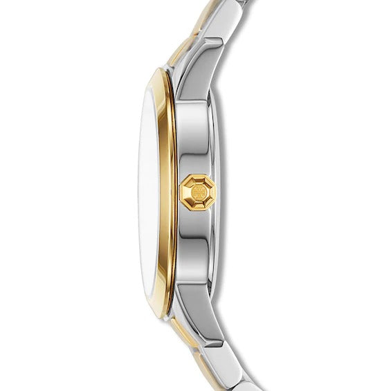 Side view of Collins Petite watch showing yellow gold bezel and two-tone stainless steel case