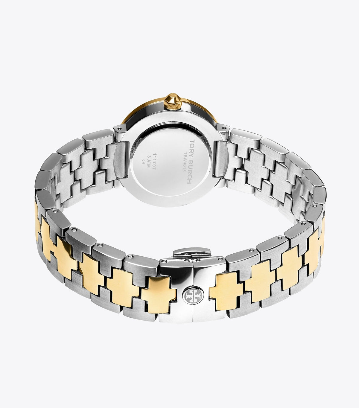 Tory Burch The Reva watch on wrist showing dual-tone bracelet with gold accents