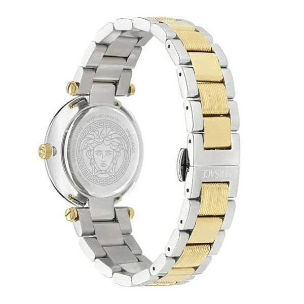 Versace Reve watch with two-tone steel strap and Medusa medallion on caseback