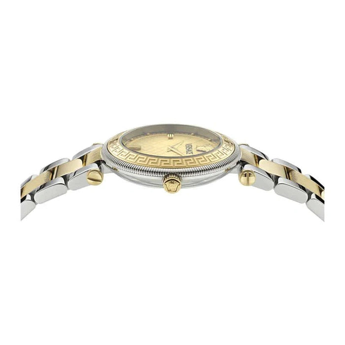 Versace Reve watch side view showing textured gold dial and textured two-tone steel strap