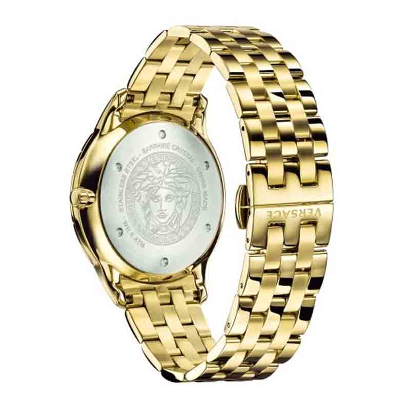 Versace Univers watch caseback featuring engraved medusa logo and gold bracelet