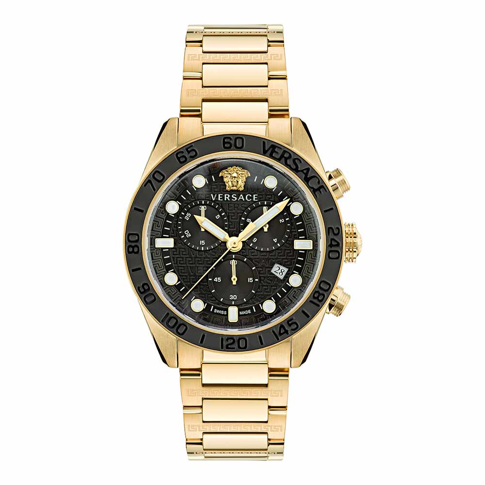 Versace Greca Dome Chronograph Black Dial All Gold Swiss Movt Watch - VE6K00523