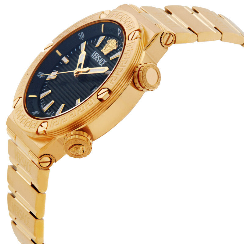 Gold watch with a blue face on a white background