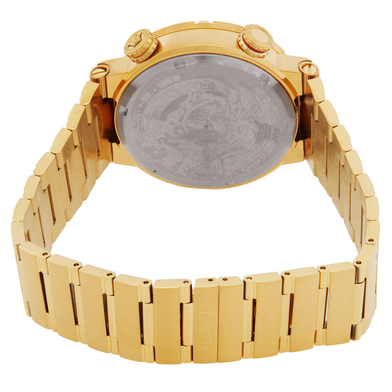 Gold watch with a metallic band on a white background