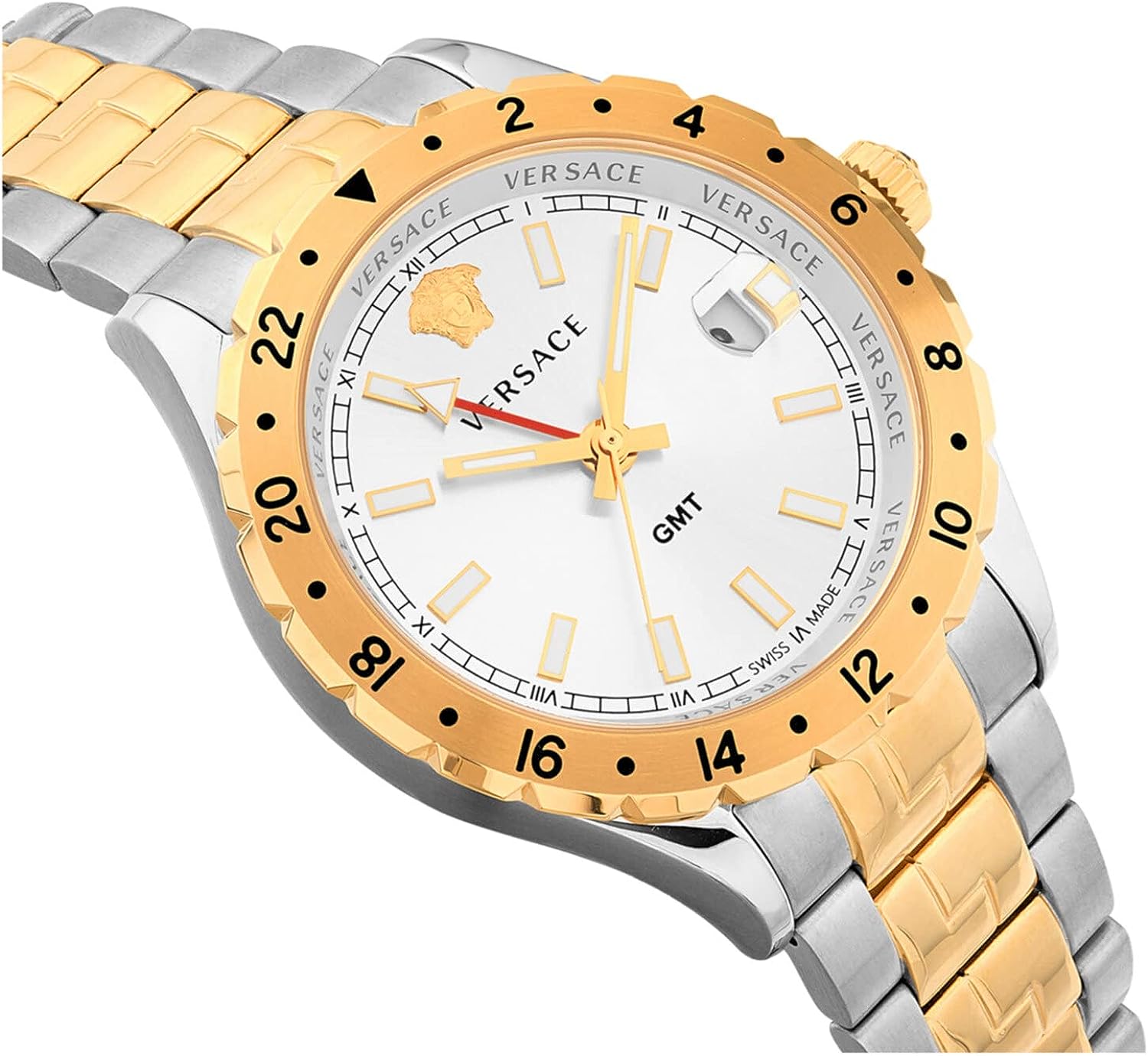 Angled view of Versace Hellenyium GMT watch showing gold rotatable bezel and two-tone bracelet