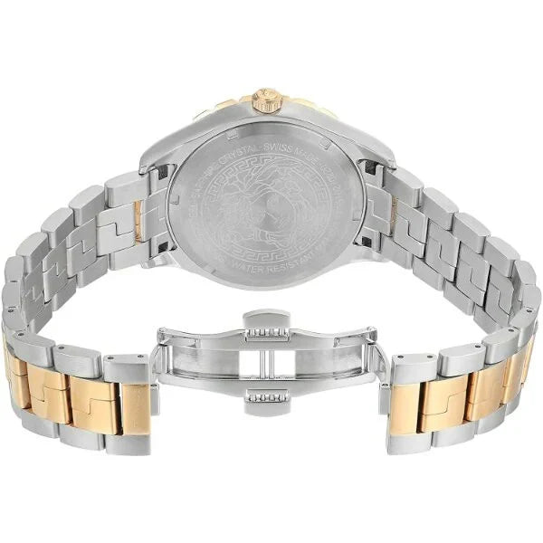Versace Hellenyium caseback detail with engraved Versace logo and two-tone bracelet