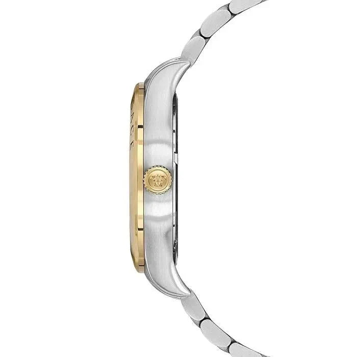 Side profile of Versace Hellenyium two-tone watch showing case and integrated bracelet