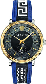 Versace V-Circle Black Dial Blue Leather Strap Men's Watch - VEBQ01419