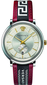 Versace V Circle Silver Dial Two-Tone Leather Strap Swiss Movt Watch - VEBQ01319