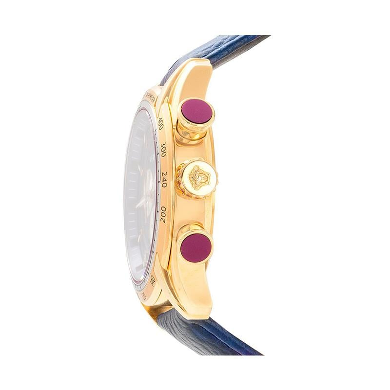 Versace V-Ray watch side view showing rose gold case and pushers with black leather strap