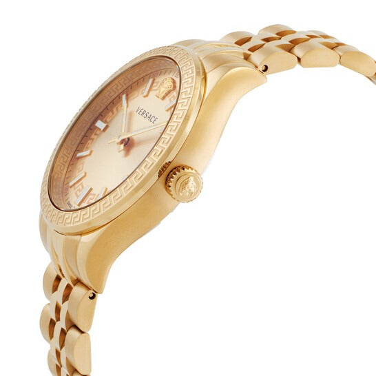 Versace Virtus gold watch angled side view showcasing case profile and bracelet