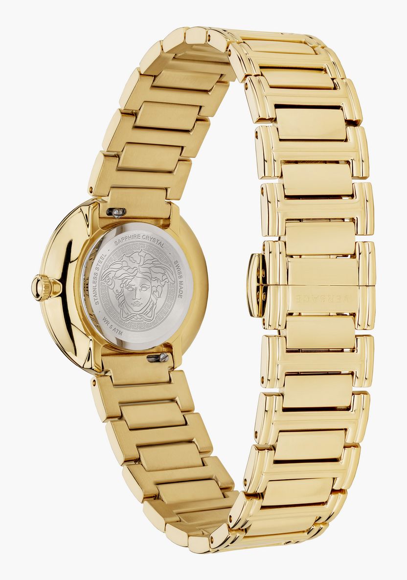 Versace Virtus watch caseback displaying stainless steel case and gold bracelet